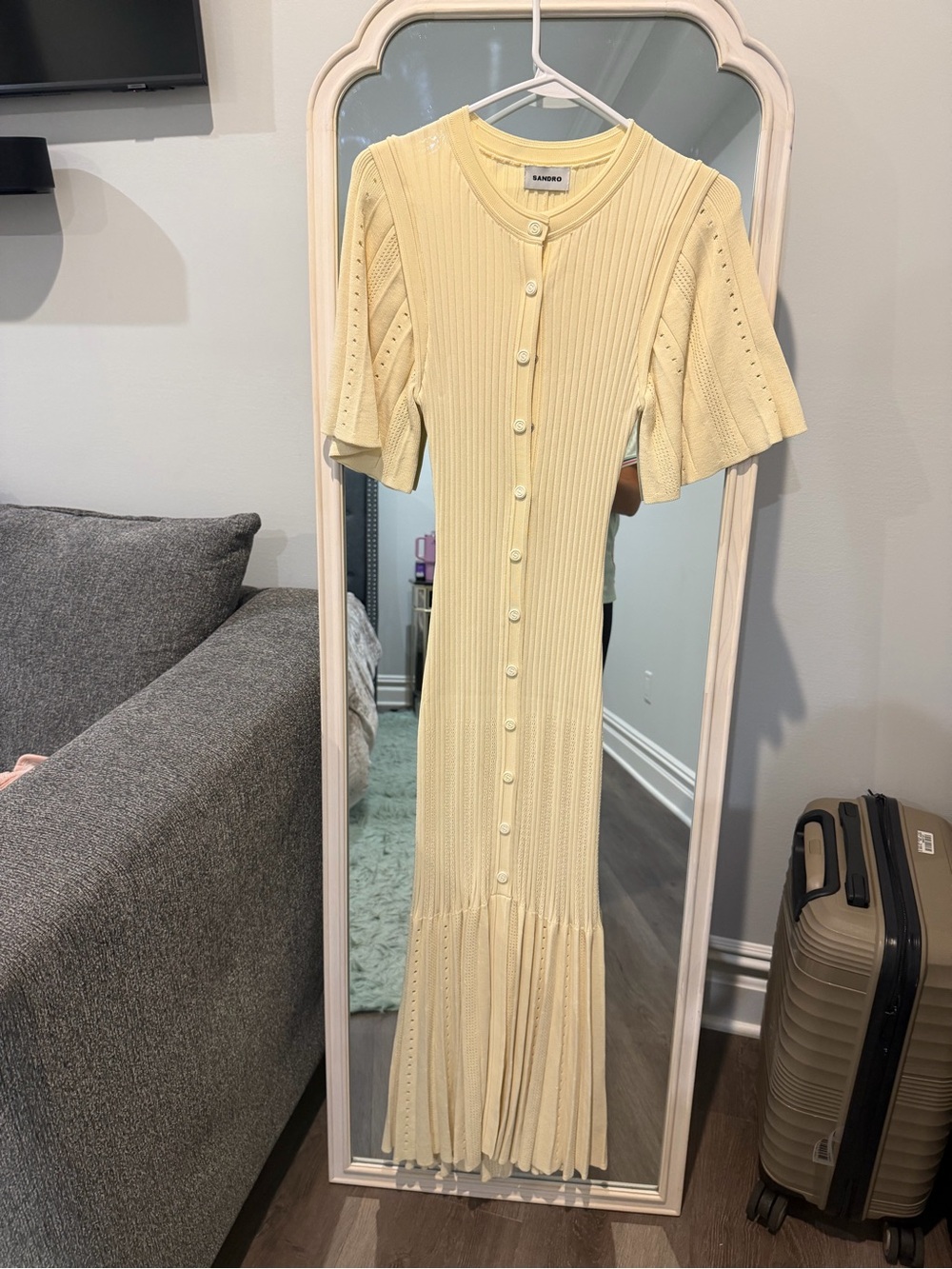 Sandro Cream Button-Front Ribbed Midi Dress - Picture 2 of 2